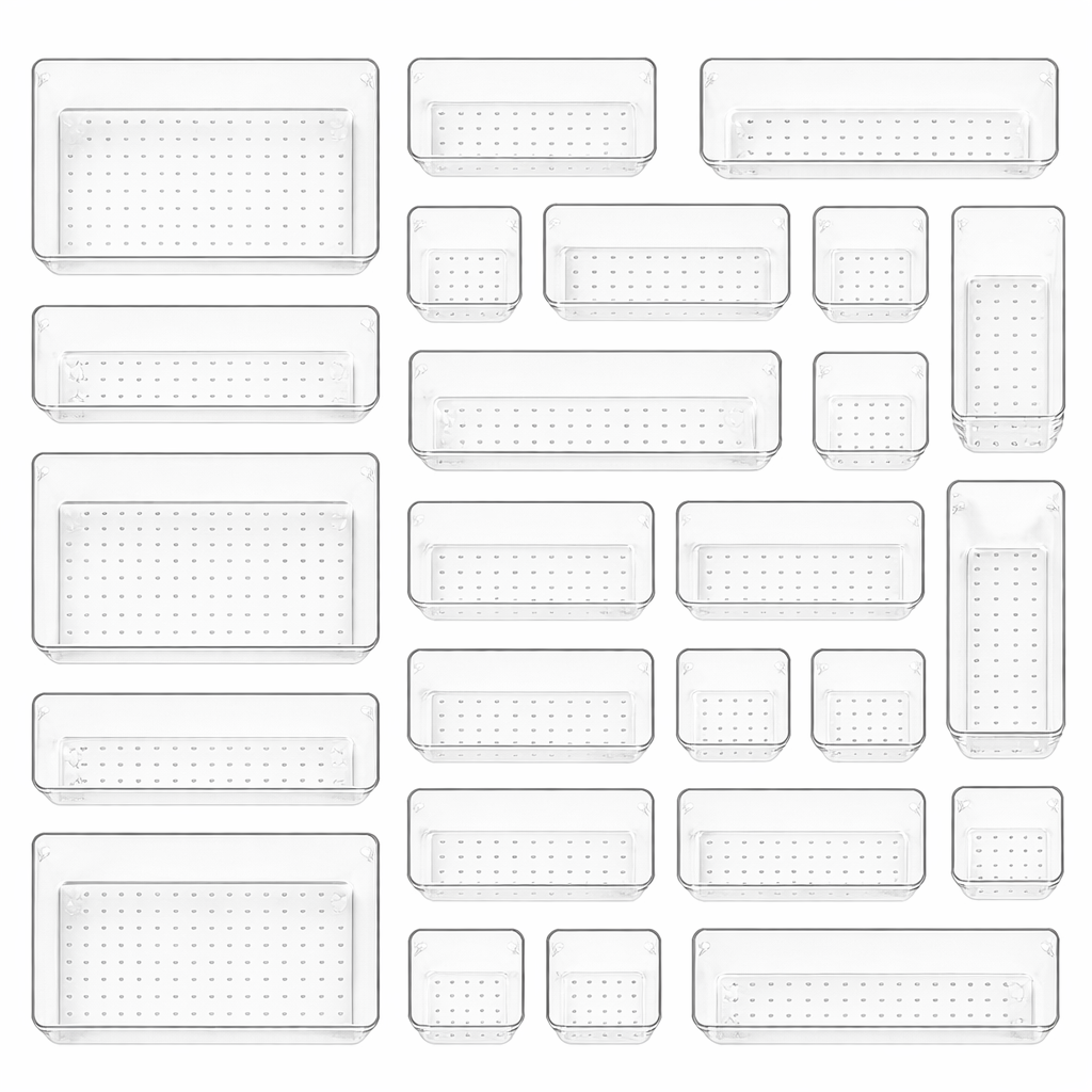 25 piece clear makeup organizer set